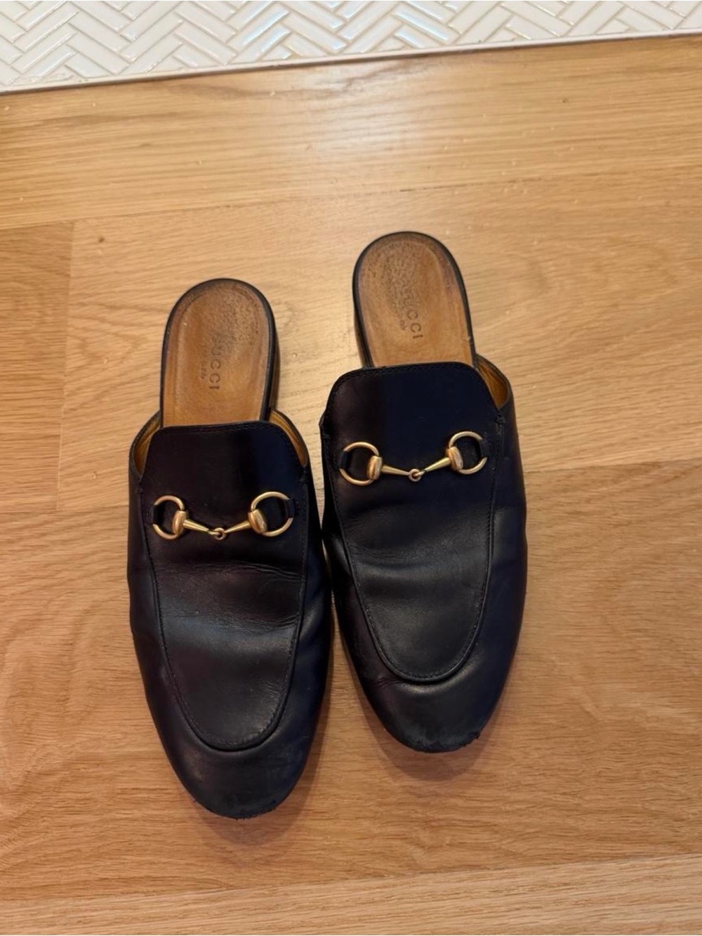 Gucci Black Leather Horsebit Mules with Gold Hardware